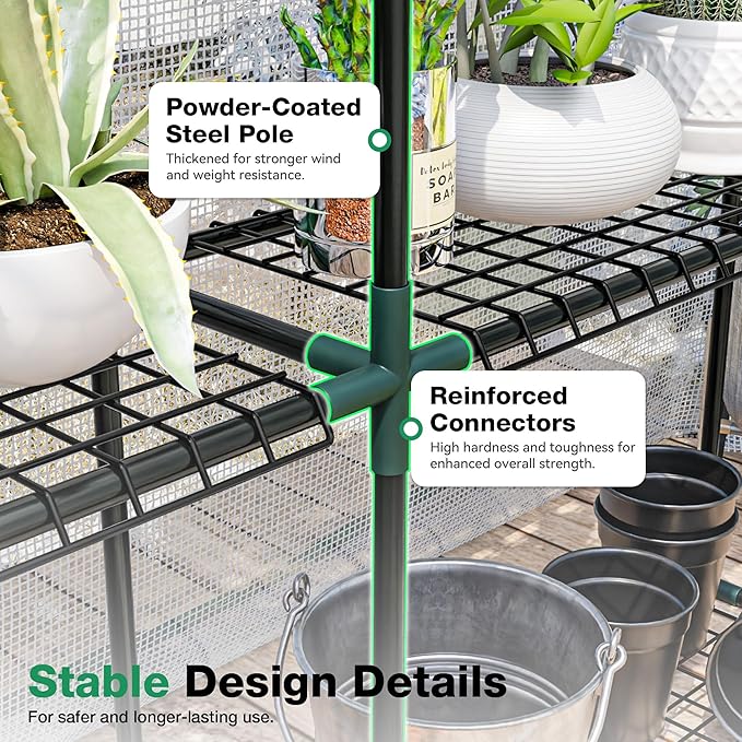 Joyside Outdoor Plant Shelves, 3 Tier 1 Pack Metal Extra-Long Stable Greenhouse Shelving for Home, 97x12x45 Inch Portable Plant Shelf Greenhouse Accessories