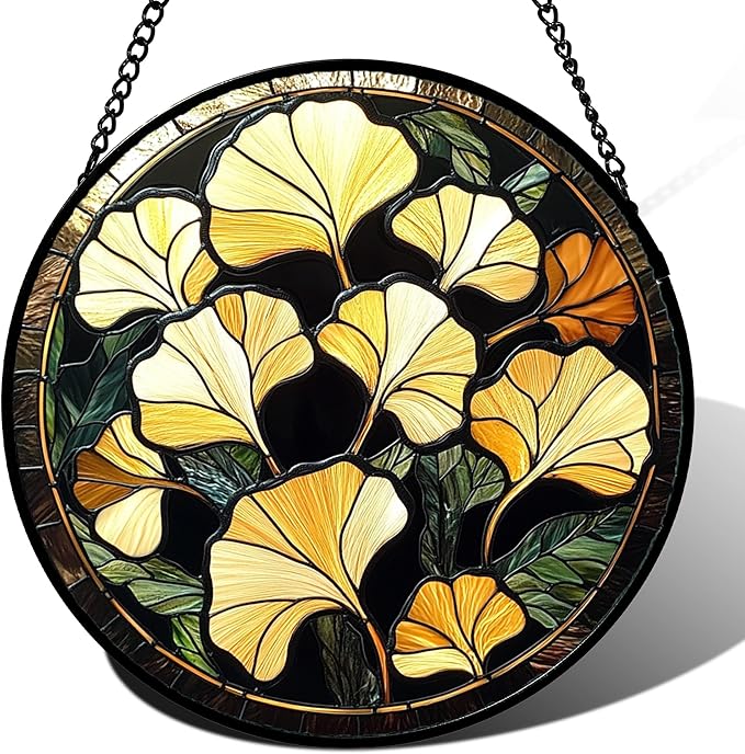 Stained Glass Window Hanging - Ginkgo Leaf Suncatcher for Doors Garden Patio Retro Fall Decor Sun Catchers Christmas Mother's Day Birthday Gifts for Women Men Mom Nana Friend 9.8 in