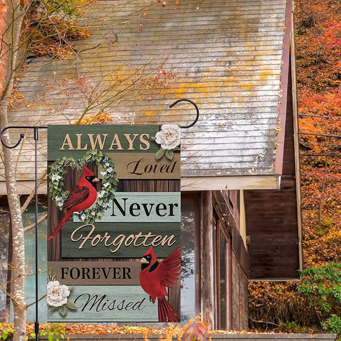 Cardinal Memorial Garden Flag 12x18 Inch Double Sided Outside, Always Loved Never Forgotten Memorial Day Gravesite Saying Yard Outdoor Decoration