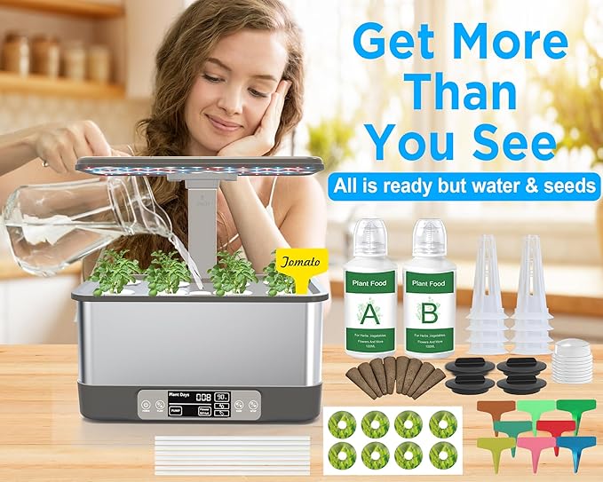 Hydroponics Growing System Indoor Garden, Smart Indoor Herb Garden with Grow Light, in Door Gardening System 6 Pods, APP & WiFi Control, Auto Timer, Quiet Pump, Stainless, Gift for Women Mom, Gray