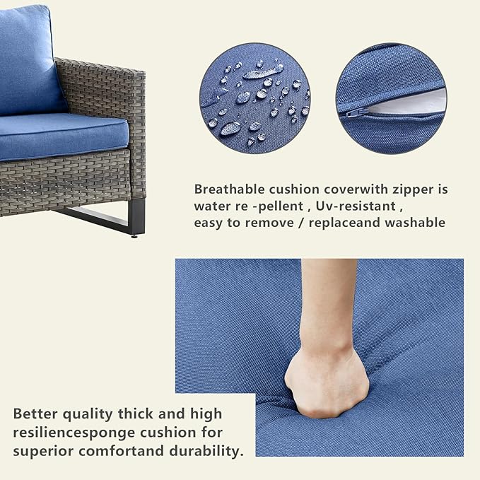 Wicker Outdoor Patio Furniture Set - 5 Piece Patio Conversation Set with 2 Wicker Armrest Chairs,2 Rattan Ottoman and 1 Metal Side Table for Outside Porch Deck Backyard Garden(Mixed Grey/Blue)