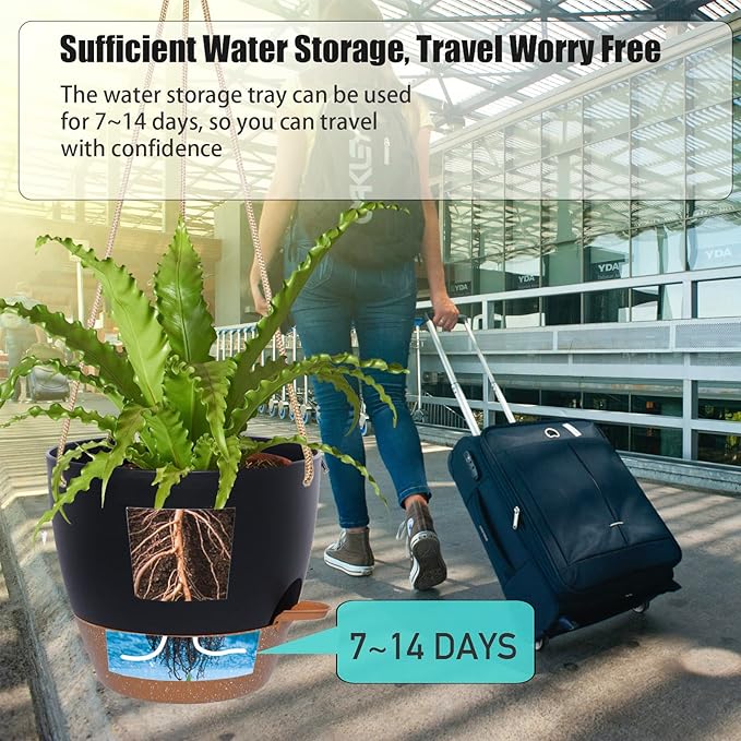 SwinDuck 8 inch Hanging Planters, 2 Pack Self Watering Hanging Pots with 20oZ Deep Reservoir for Indoor Outdoor Plants Flowers, Black with Brown