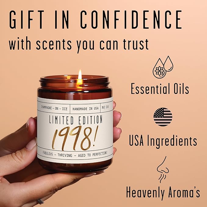 28th Birthday Gifts for Women - 'Limited Edition 1998' Soy Candle, w/Champagne on Ice I 28th Birthday Gift for Her Ideas I 9oz Reusable Jar, 50Hr Burn, Made in USA