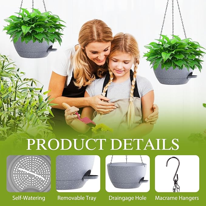 SQKH 12 Inch Hanging Baskets 2 PC with Chains, Self-Watering Hanging Planters for Indoor Outdoor Plants, Plastic Hanging Flower Pots,Speckled Grey
