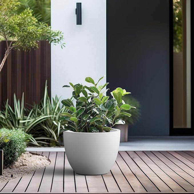 Kante 14.2 Inch Round Concrete Planter - Classic Large Indoor/Outdoor Plant Pot with Drainage Hole and Rubber Plug, Suitable for Gardens and Patios, White