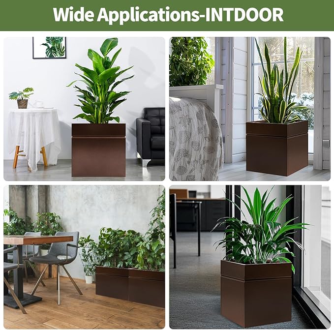 HONYTA Matel Planter Box 17" L x 17" W x 18" H, Cube Heavy Duty Powder Coating Steel Planters with Drainage Hole, Indoor Outdoor All-Weather Use for Home, Porch, Patio, Garden(Bronze)