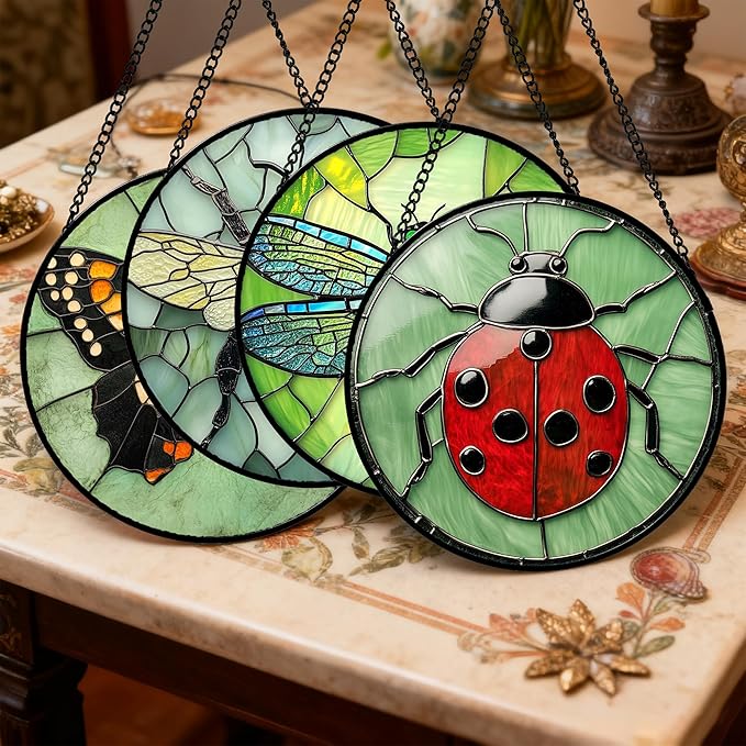 AMDERVEN Stained Glass Window Hanging 4 Pcs Set Butterfly Dragonfly Bee Ladybug 7.8" - Suncatcher Door Garden Sun Catcher Decor Birthday Mother's Day for Mom Woman Nana Men