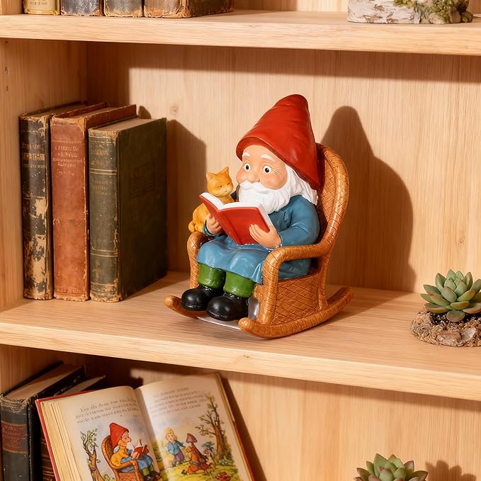 Cat Garden Gnome Statue,Resin Gnome Figurine Reading Book Sculpture, Hand Painted Outdoor Decoration for Patio, Lawn, Yard, or Porch, Whimsical Garden Ornament Gift