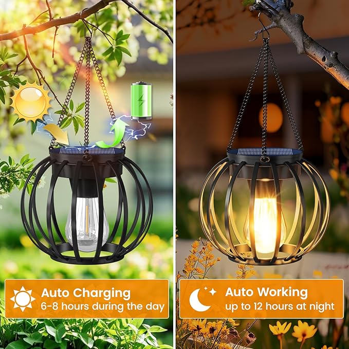 Solar Lanterns Outdoor Waterproof 2 Pack, 14.37" Metal Hanging Solar Lights for Outside with Auto On/Off & Hook - Brighter Hanging Outdoor Lanterns Decorative Lighting for Garden Patio Yard
