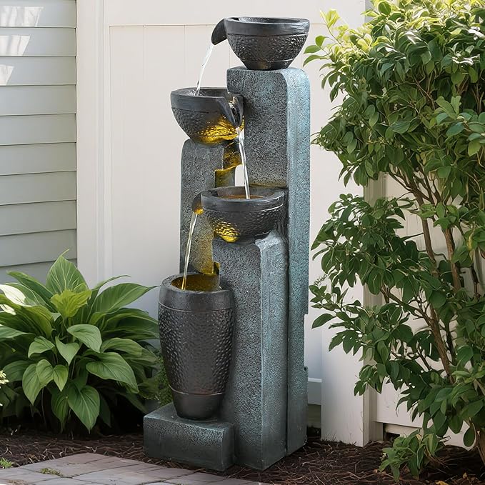 40" Inch Water Fountain Outdoor&Indoor 4-Tiers Large Outdoor Patio Decor Gray Garden Water Fountain for Outside Waterfall with LED Light&Pump Resin Modern Floor-Standing Water Feature Outdoor