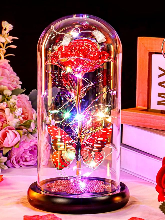 Valentines Day Rose Gifts for Her Birthday Gift for Women Galaxy Glass Rose in Glass Dome Forever Eternal Crystal Roses with Butterfly Anniversary Valentine Gifts for Daughter Mom Wife Girlfriend Red