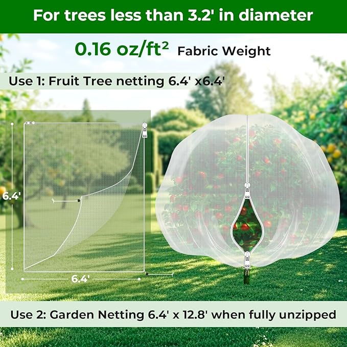 Fruit Tree Netting with 2-Way Zipper & Drawstring - 6.4Ft x 6.4Ft Garden Plant Net Pest Barrier to Prevent Cicadas Bird Squirrel Deer - Bug Protection for Blueberry Tomato with Fine Mesh Insect Cover