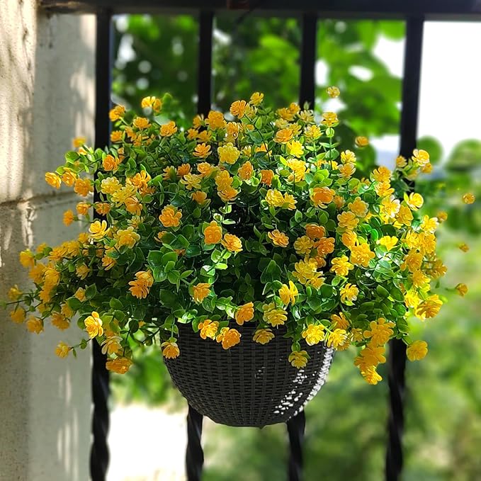 Grunyia 12 Bundles Artificial Flowers for Outdoors, UV Resistant Fake Flowers with Plastic Plants, Faux Flowers for Outside Window Box Front Porch Hanging Planter Decor (Yellow)