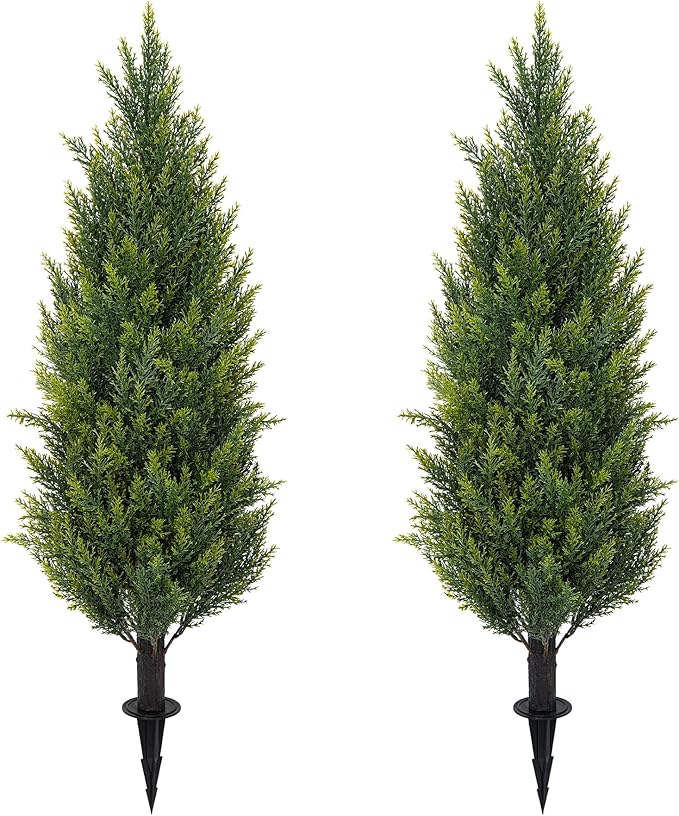 3FT Artificial Cedar Topiary Trees with Ground Spike, Set of 2 Faux Cypress Plants UV Resistant Artificial Pine Shrubs Fake Bushes for Outdoor Indoor Front Porch Garden