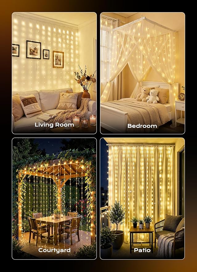 Brightown 180 LED Shower Curtain Fairy Lights, 70 Inch Warm White Waterproof Battery Operated String Light, 8 Modes, Battery Powered Christmas Light for Indoor Outdoor Decor(No Curtain)