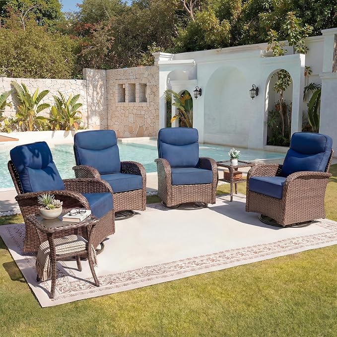 Belord Upgraded 6“ Cushion Luxury 6 Pieces Patio Furniture Set - All Weather Wicker Outdoor Swivel Rocker Patio Chairs of 4 with Side Table, High Back Glider Chairs Set for Deck Porch - Brown/Blue