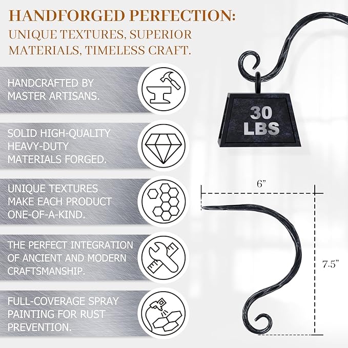 BEGINS Plant Hangers Outdoor Wrought Iron Metal Hanger Hook 2 Pack 8 inch Wall Bracket Hooks for Flower Pots, Wind Chimes, Solar Lanterns, Garden Decor
