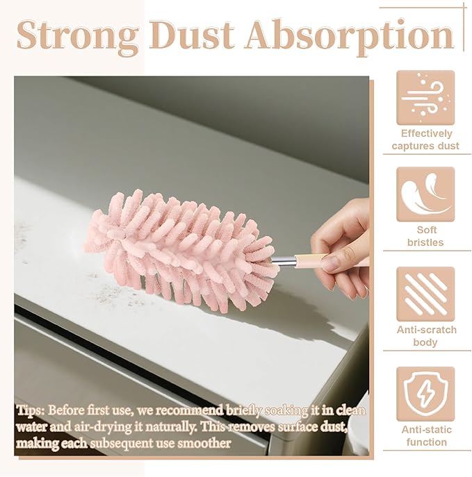 2 PCS Car Interior Duster with Extension Pole, Microfiber Car Duster with Bendable Head, Cars Dusters Exterior&Interior Scratch Free, for Cleaning of Vehicle Details, Offices, Windows(Pink)