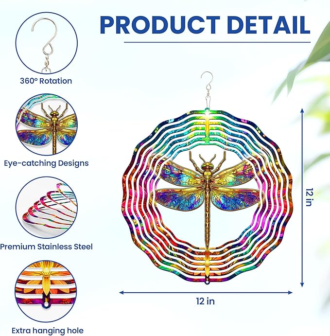 FLAGWIX Dragonfly Gifts for Women - 3D Stainless Steel Metal Wind Spinners 12 in - Dragonfly Wind Spinners Outdoor, Yard Garden Decor for Outside, Mothers Day Birthday Garden Gifts for Mom Grandma