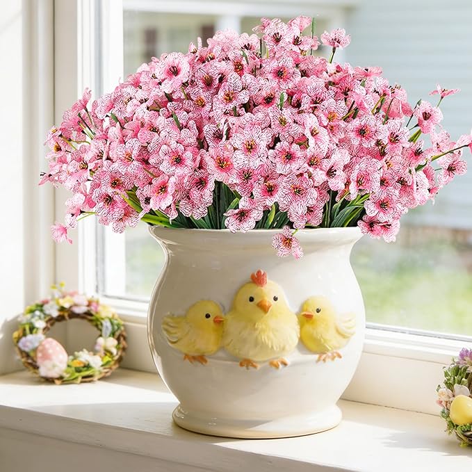 24 Bundles Artificial Flowers for Outdoors, Realistic Fake Silk Flowers for Outside Decoration, No Fade Faux Plants Outdoor Planter Window Box Porch Patio Decor(Pink)