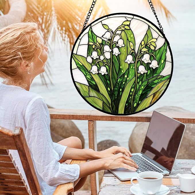 DASTOLL Stained Glass Window Hanging, Lily of The Valley Flower Sun Catchers Colorful Glass Panel Green Plants Suncatcher Decor for Birthday for Women,Men,Wife, Lovers, and Mom 14.9 in