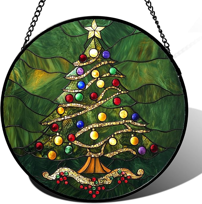 Stained Glass Window Hanging - Green Christmas Tree with Colorful Lights Suncatcher for Doors Home Christmas Decoration Sun Catcher Thanksgiving New Year Birthday Gifts for Women Men Mom Nana 6.3 in