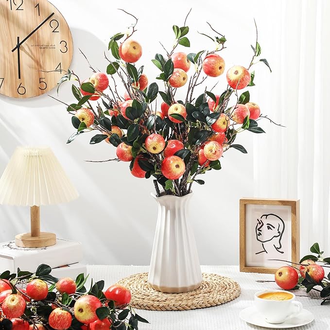 10 Pcs 35.43 Inches Artificial Branches Fake Apple Realistic Tall Apple Bouquets Tree Branch with Long Stem and Green Leaves Fruit Plant for Home Office Vase Filler Shop Decoration