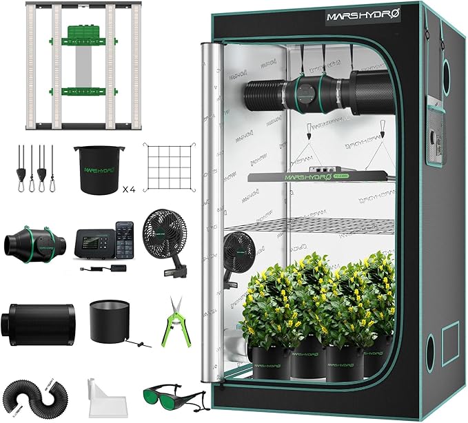 Mars Hydro 3x3 Smart Grow Tent Kit Complete System with Smart Controller 43,FC-E3000 APP Control Dimmable 1184Pcs Grow Light,1680D High Reflective Mylar,4inch Customized Ventilation System