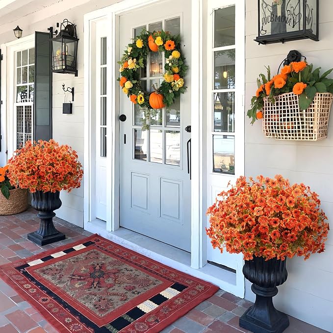 Besteek 20 Bundles Artificial Fall Flowers for Outdoors Decoration, Fake Mums Silk Daisy Faux Plastic Plants Boston Fern UV Resistant for Autumn Thanksgiving Garden Planters Home Decor, Orange