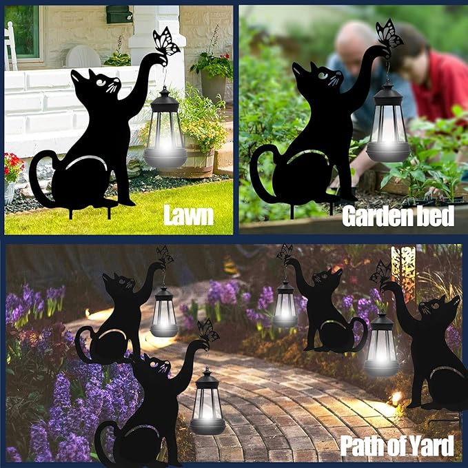 Black Cat Yard Decorations Outdoor - Solar Lights Outdoor Garden Decor Stake with Butterfly Decorative Metal Housewarming Ornament for Pathway Lawn Patio – Unique Gift for Woman Mom Grandma