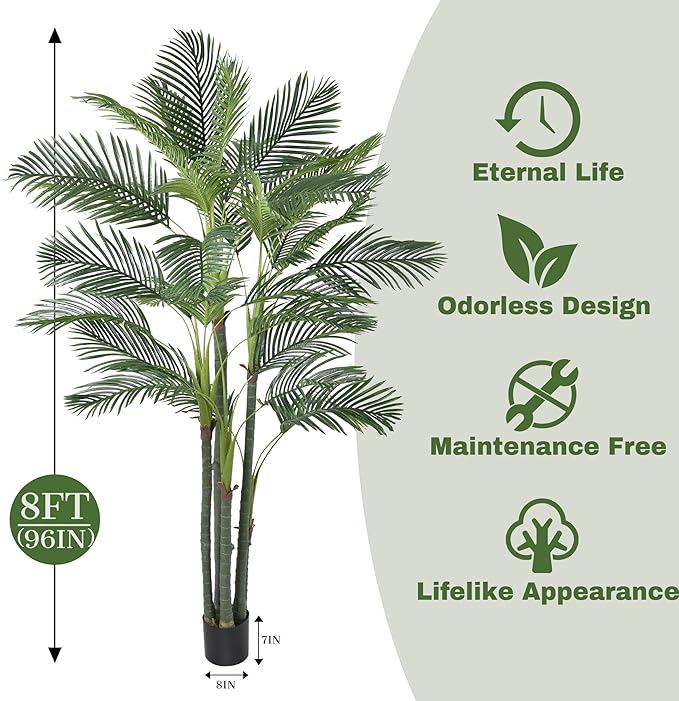 Artificial Palm Tree 8FT(96in) Tall Faux Tree with Large Trunks and 32 Realistic Leaves, Fake Tropical Floor Potted Artificial Plants for Home Office Living Room Indoor Decor (8feet,1Pack)