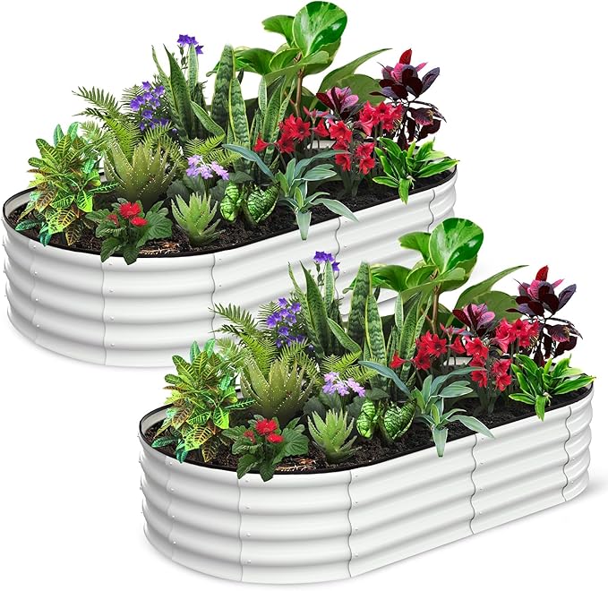 2 Pcs 6x3x1 ft Oval Galvanized Raised Garden Beds, Metal Planter Boxes with Open Base, Tool-Free Assembly for Vegetables, Flowers, Herbs - Outdoor & Patio Use, White