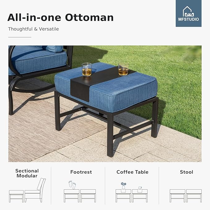 MFSTUDIO 5 Pieces Patio Conversation Sets, 7 Seats Metal Patio Furniture Sets with 1 x 3-Seat Sofa, 2 x Sofa Chairs, 2 x Ottoman, All Weather Patio Sets with 5.75inch Peacock Blue Cushion for Garden