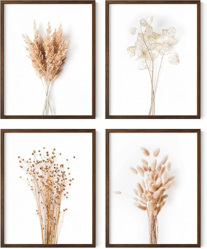 HAUS AND HUES Flower Wall Decor - Set of 4 Framed Floral Prints, Flower Wall Art for Bedroom, Botanical Paintings and Pictures, Floral Room Decor (Walnut Frame, 11x14)
