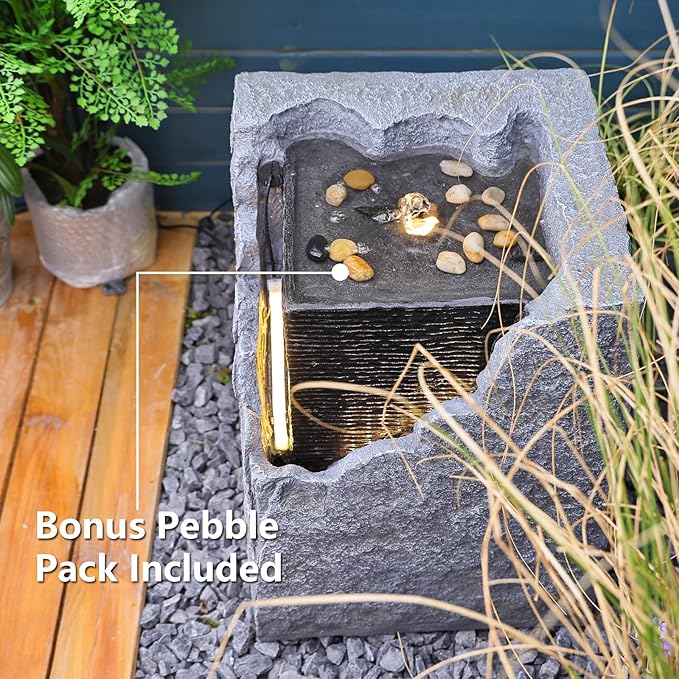 Garden Water Fountain Outdoor Bubbling Fountain Small Fountains Indoor Waterfall Floor Standing Water Fountains for Garden, Patio with LED Lights, Pump, Natural Stones
