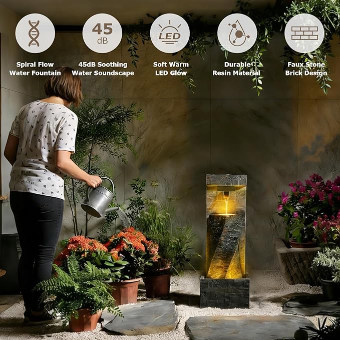 39.8’’ Tall Modern Spiral Waterfall Fountain Outdoor/Indoor Water Fountain Resin Stone-Like Water Feature with LED Lights for Outside, Garden, Patio, Porch, Deck, Backyard, Home Decor