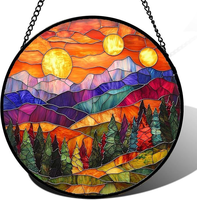 DASTOLL Stained Glass Window Hanging, Sunset Abstract Sun Catchers Colorful Glass Panel Landscape Suncatcher Decor for Birthday for Women, Men, Wife, Aunt, and Mom 14.9x14.9 in
