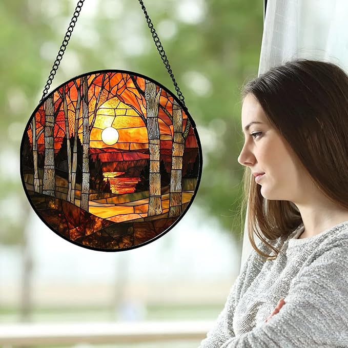 Stained Glass Window Hanging, Orange Red Landscape Forest Lake Moon Suncatcher for Doors Window Home Sun Catchers Decor Mother's Day Birthday Gifts for Women Men Mom 15 in