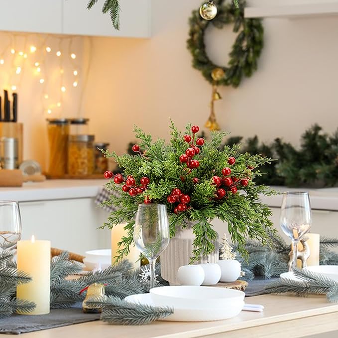 Watayo 60 Pcs Christmas Artificial Pine Branches with Red Berry Stems, 10.5" Faux Evergreen Norfolk Pine Cypress Leaves Stems, Fake Foliage Pine Needles Picks for DIY Craft Garland Home Decor