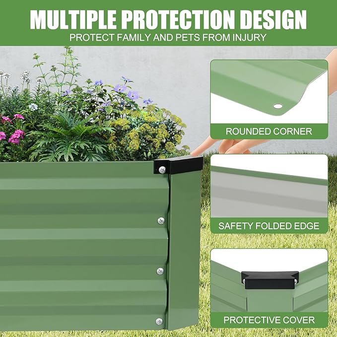 Galvanized Raised Garden Bed Outdoor | Metal Raised Garden Bed for Gardening 2Pack | Large Planter Box for Vegetables Flowers Fruits | Easy Assembly & Safety Design Flower Beds 8x3x1ft Olive Green