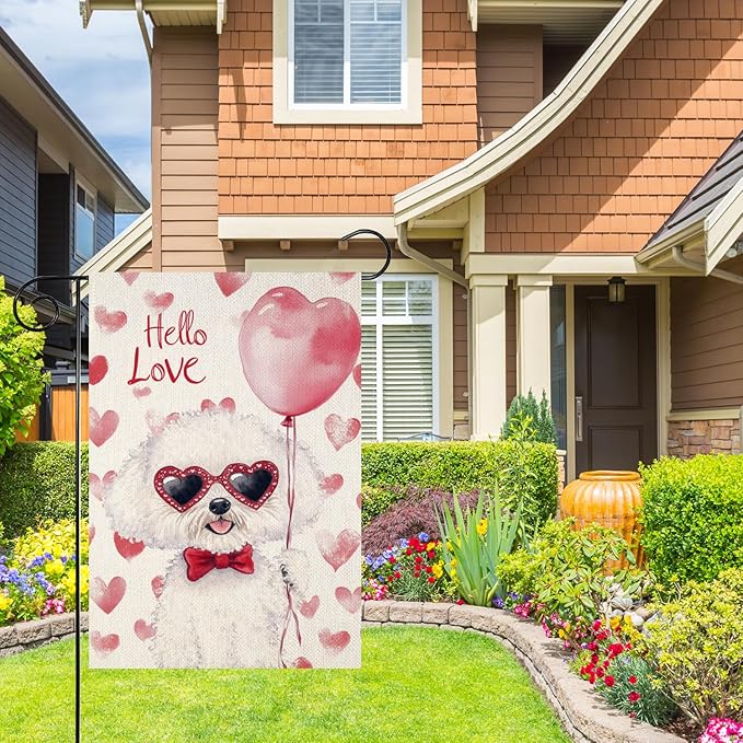 Valentine's Day Bichon Frise Hello Love Garden Flag, House Yard Plaid Love Heart Outside Decoration, Spring Holiday Wedding Anniversary Outdoor Small Decor 12x18(12621)