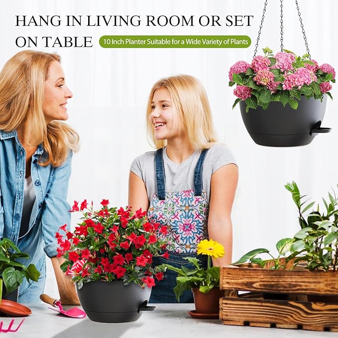 SQKH 10 Inch Hanging Baskets 2 PC with Chains, Self-Watering Hanging Planters for Indoor Outdoor Plants, Plastic Hanging Flower Pots,Black
