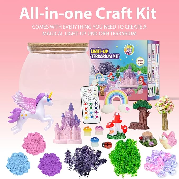 lonfypeng Unicorn Terrarium Crafts Kit for Kids-LED Night Light Up & Remote Unicorn Birthday Gifts Toys for Girls Ages5 6 7 8 9 10 Year Old-Christmas Gifts for Girls