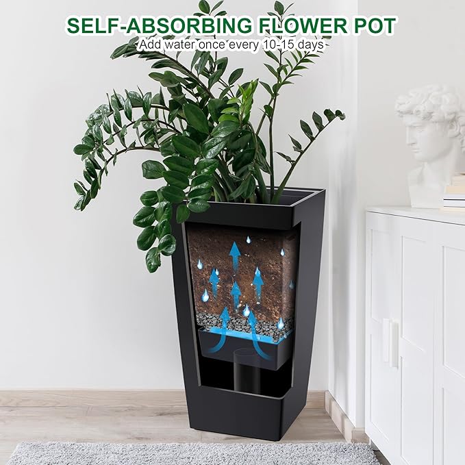Set of 2 Tall Planters for Outdoor Plants, 30" Large Planter Pots with Drainage Holes & Water Level Monitor, Self-Watering Flower Pots for Patio, Porch, Garden, Front Door Decor, Indoor Outdoor