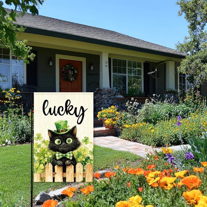 St Patricks Day Garden Flag 12x18 Inch Double Sided,Lucky Shamrocks Cat with Green Hat Outdoor Irish Decor House Porch Flag for St Patrick's Day Party and Yard Decorations