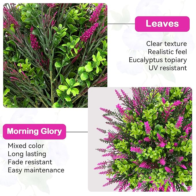 ENVEN Artificial Topiary Lavender Ball Tree Outdoor Plants with Ground Spike 22"- UV Resistant Faux Shrubs, Eucalyptus Fake Plants for Indoor & Garden, Yard, Porch, Patio Decor (Pink Green)