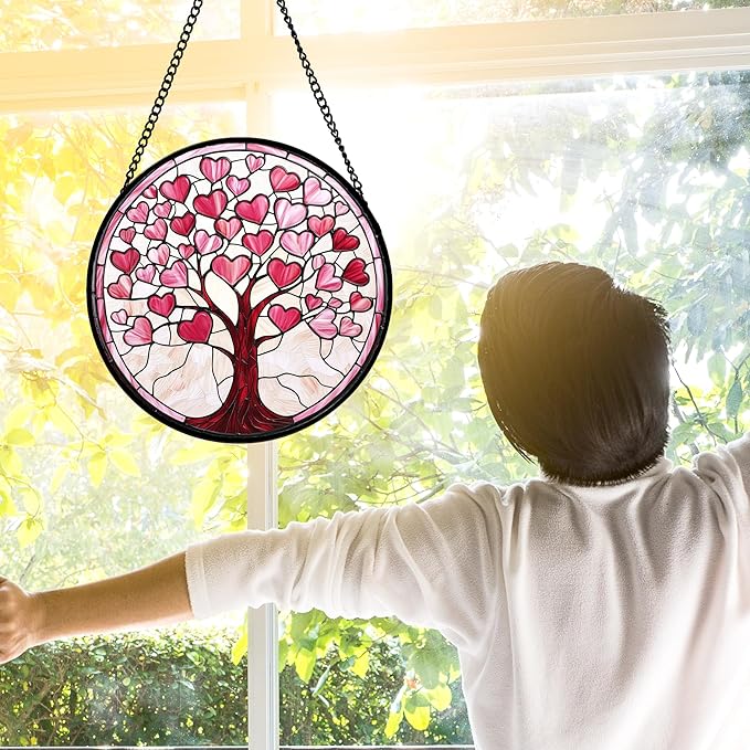 DASTOLL Stained Glass Window Hanging, Valentine's Day Gifts Pink Love Heart Tree Suncatcher Hangings Beige Sun Catchers Decor for Birthday for Women, Men, Wife, Aunt, Mom 6.3 in