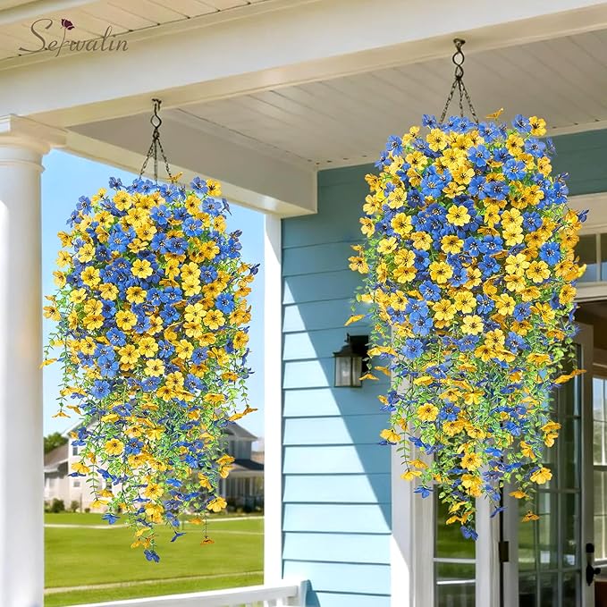 Serwalin 12PCS Artificial Fall Flowers for Outdoors Decoration, Realistic Silk Artificial Fall Hanging Flowers for Patio, Garden, Porch, Window, Outside (Yellow& Blue,12PCS)