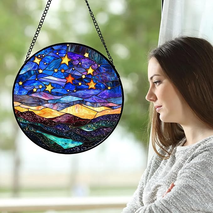 Stained Glass Window Hanging, Blue Sky Gold Stars Abstract Landscape Suncatcher for Doors Window Home Sun Catchers Decor Mother's Day Birthday Gifts for Women, Men Mom 7.8 in