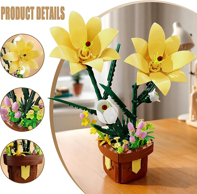 EITOLNR Flowers Botanicals Lily Building Set, Artifical Plants Bonsai Building Blocks Toys for Adults,Indoor Home Office Decor, Valentine Day Birthday Gifts for Women Girls 8-12 (296Pcs)
